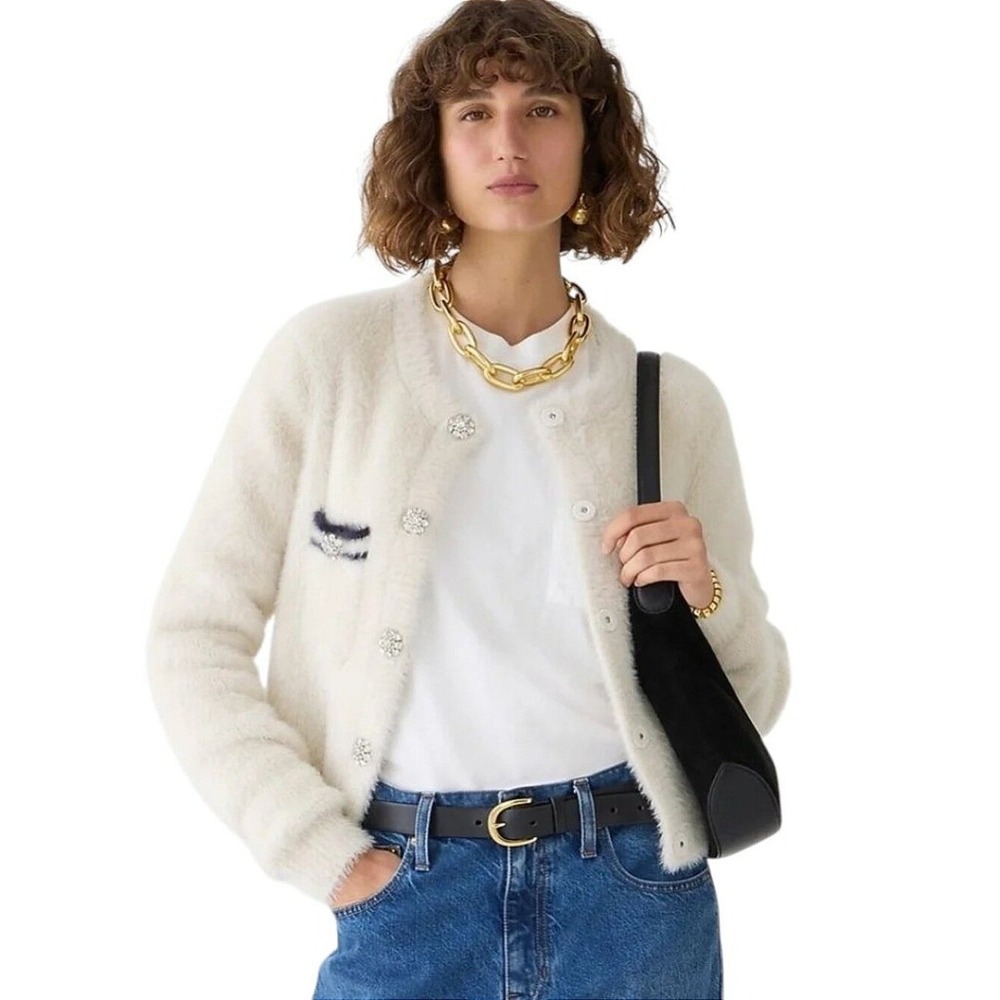 J.Crew Boucle Lady Cardigan Sweater Womens L Cream Cropped Preppy Knit Jacket